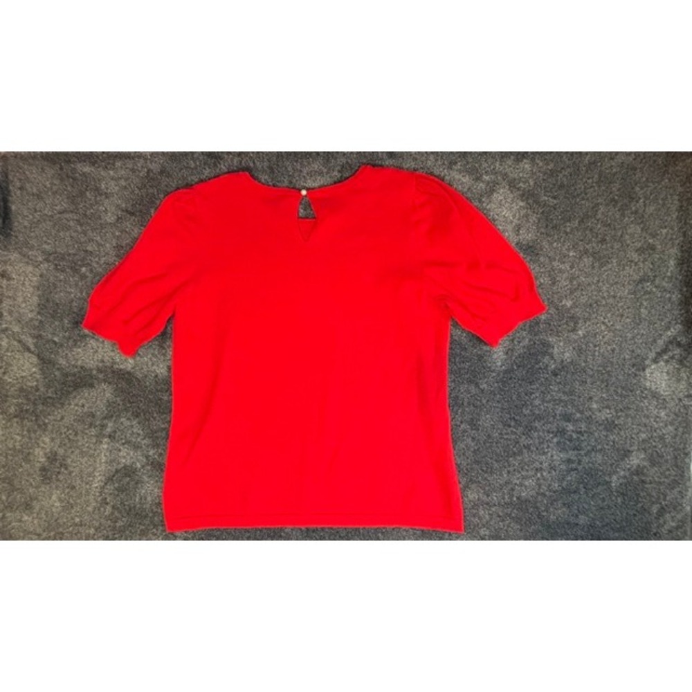 Vince Camuto Red‎ Puff Sleeve Sweater Faux Pearl Keyhole Back Knit Top Large - Picture 4 of 5